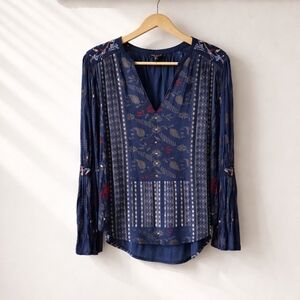 Lucky Brand Bohemian Embroidered Mixed Floral Print Bell Sleeve Blouse Small